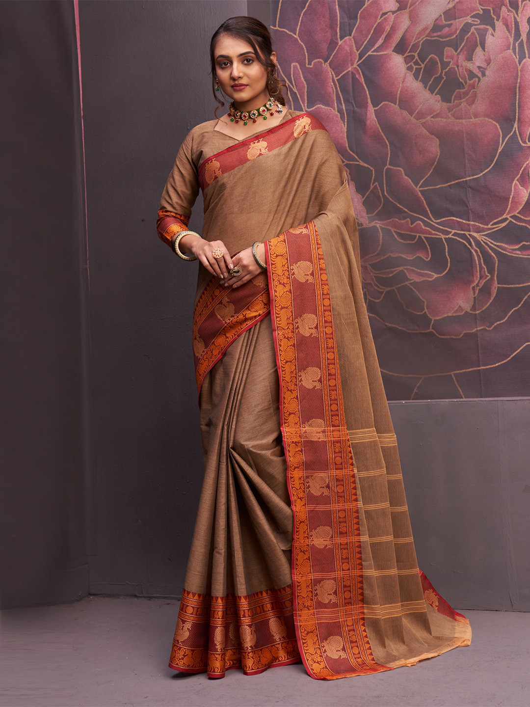 

Unnati Silks Ethnic Motifs Woven Design Pure Cotton Kanjeevaram Saree, Brown