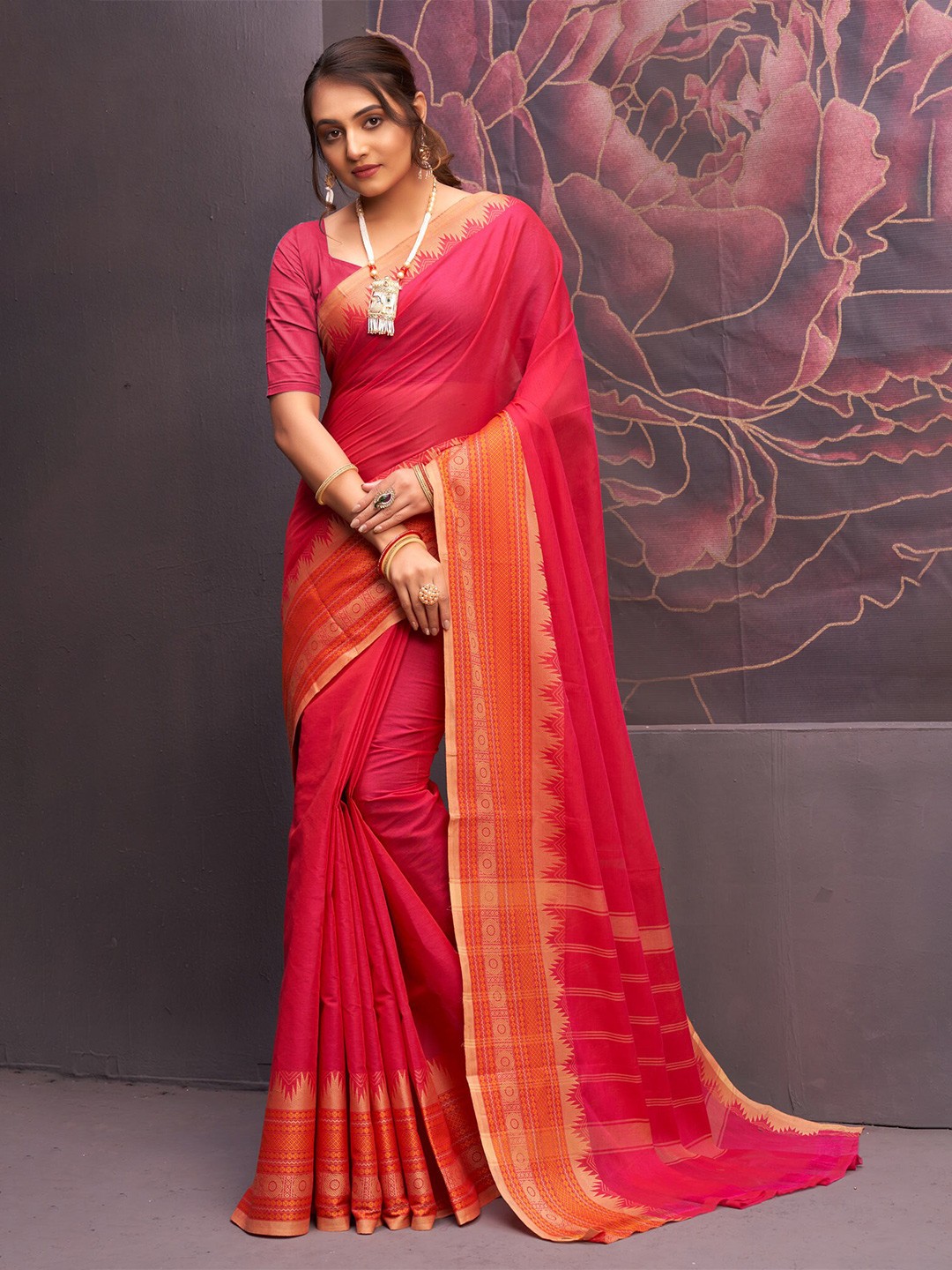 

Unnati Silks Woven Design Pure Cotton Handloom Kanjeevaram Saree, Pink