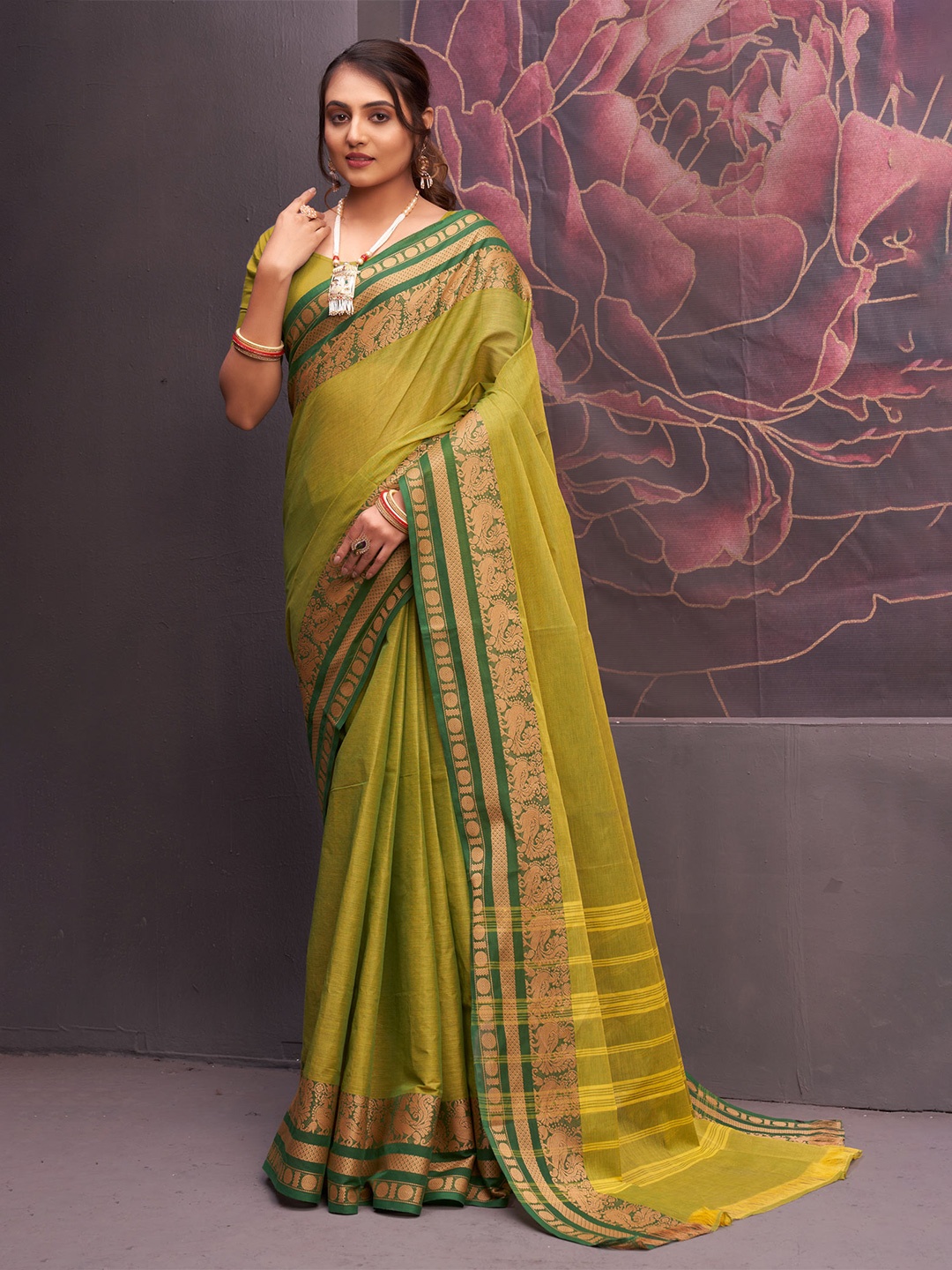 

Unnati Silks Woven Design Pure Cotton Handloom Kanjeevaram Saree, Green