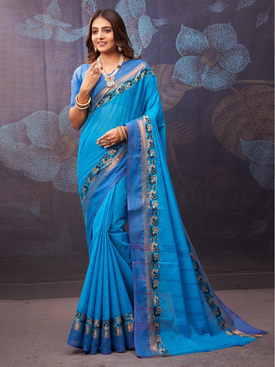 

Unnati Silks Woven Design Pure Cotton Handloom Chettinad Saree, Blue