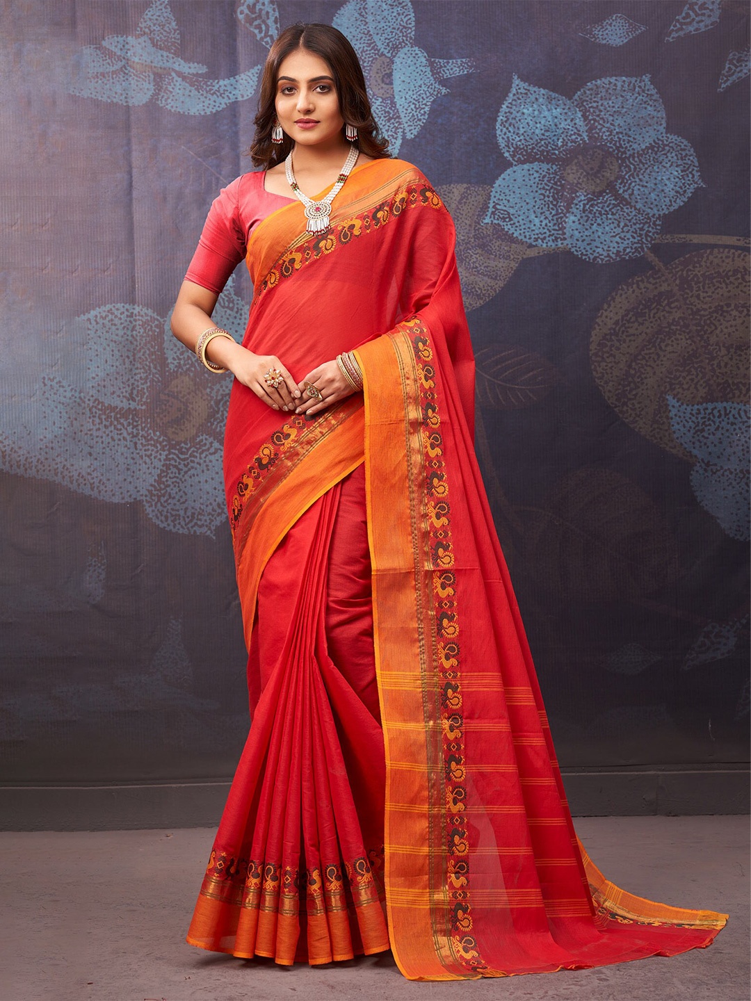 

Unnati Silks Woven Design Pure Cotton Handloom Chettinad Saree, Red