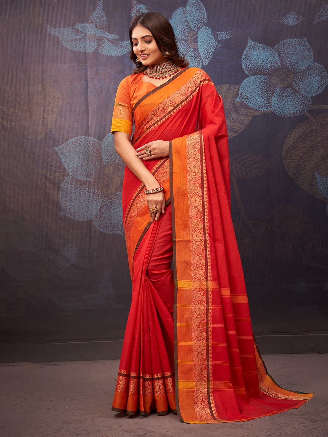 

Unnati Silks Woven Design Pure Cotton Handloom Kanjeevaram Saree, Red