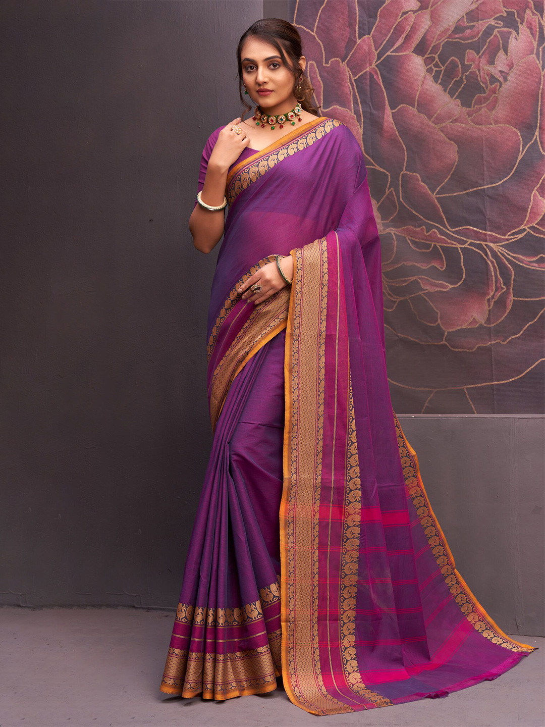 

Unnati Silks Woven Design Pure Cotton Handloom Kanjeevaram Saree, Purple