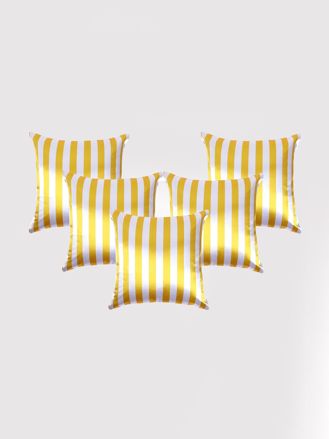 

OUSSUM Yellow & White 5 Pieces Striped Satin Square Cushion Covers