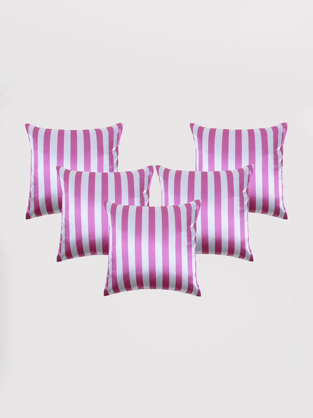 

OUSSUM Pink & White 5 Pieces Striped Satin Square Cushion Covers