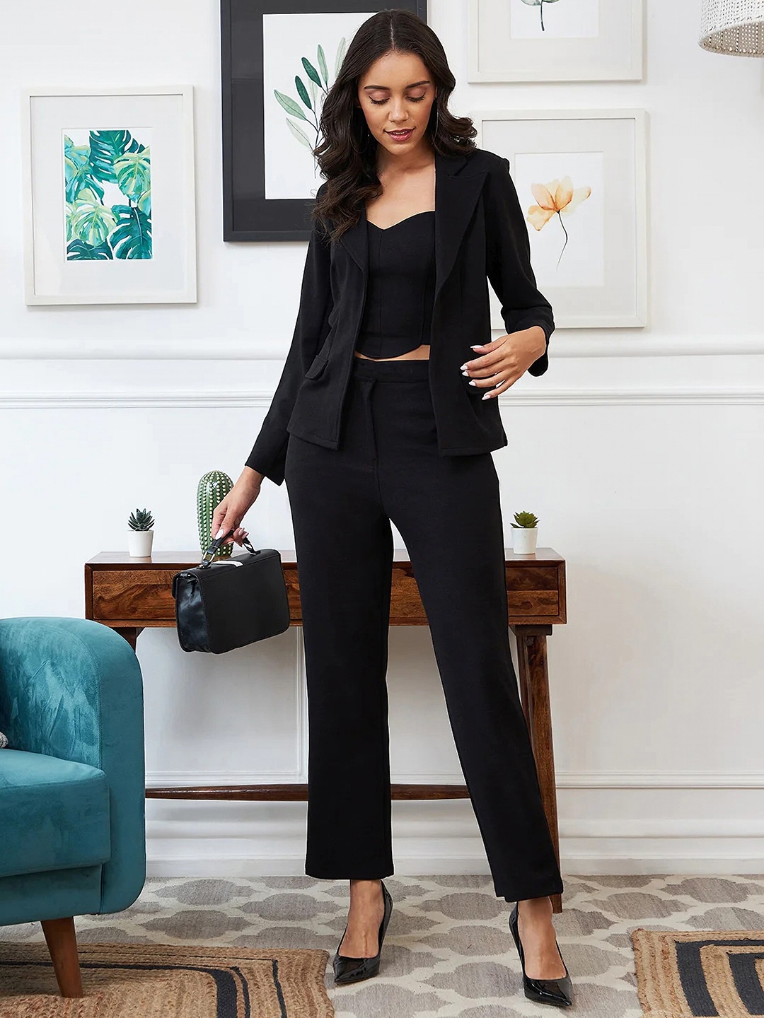 

Ekta Textiles Fitted Crop Top & Trousers With Jacket, Black