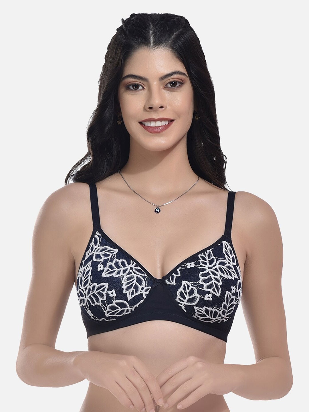 

StyFun Abstract Full Coverage Lightly Padded Bra All Day Comfort, Navy blue