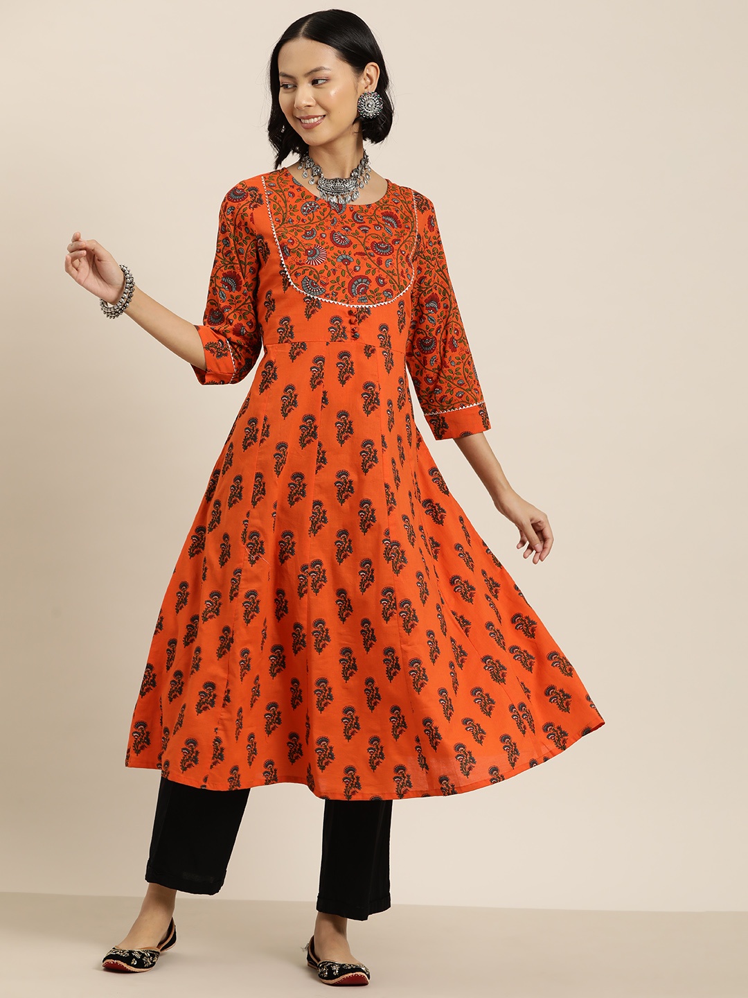 

HERE&NOW Floral Printed Gotta Patti Kurta, Rust