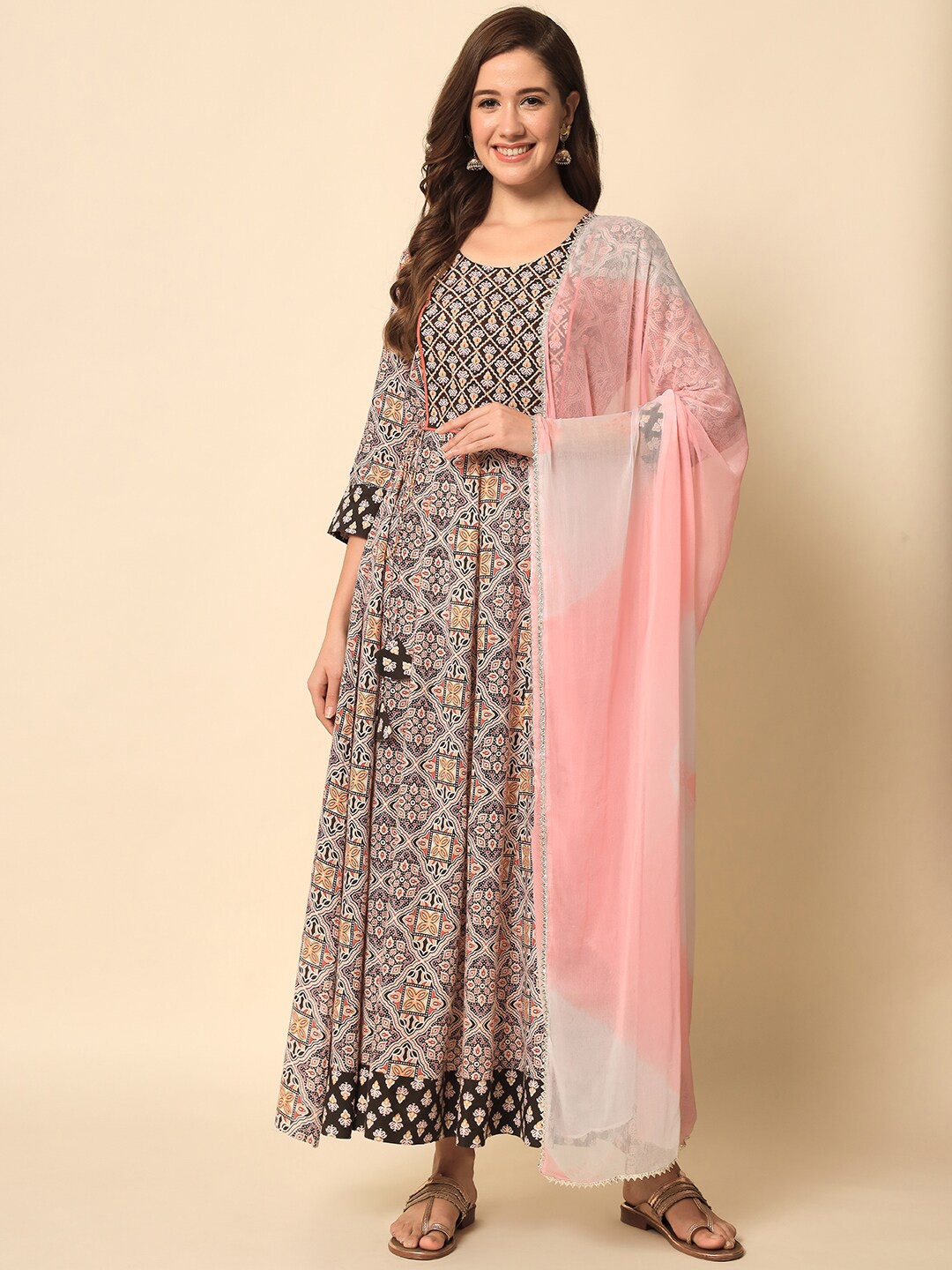 

Meeranshi Ethnic Motifs Printed A-Line Dress with Dupatta, Beige