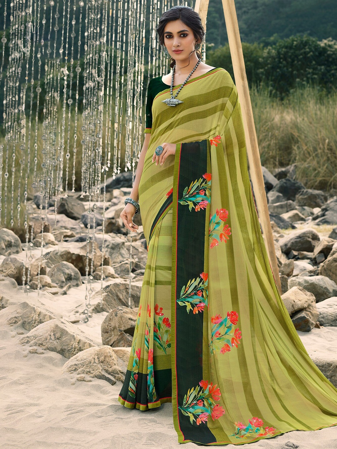 

KALINI Floral Printed Pure Georgette Saree, Green