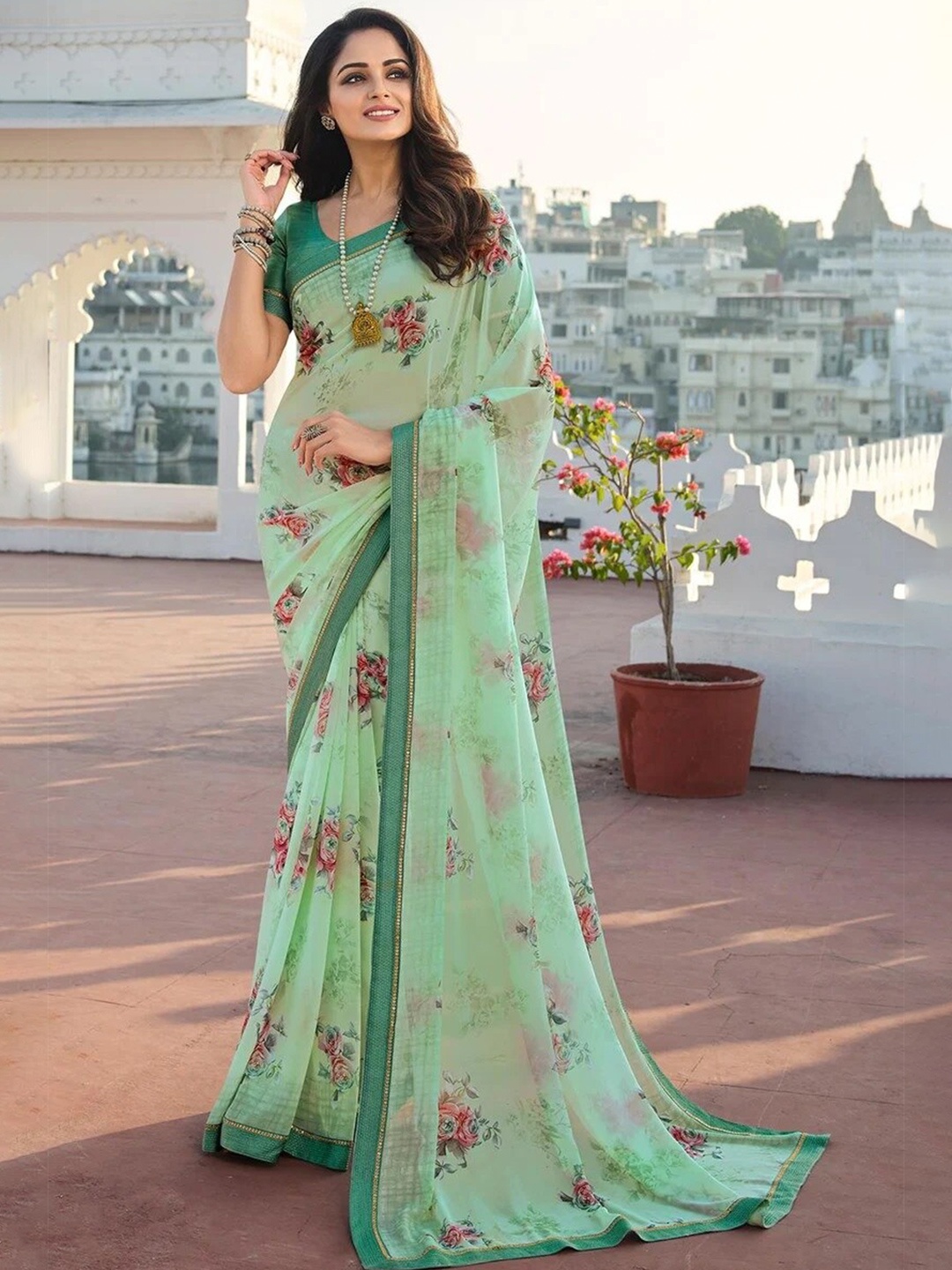 

KALINI Floral Printed Pure Georgette Saree, Lime green