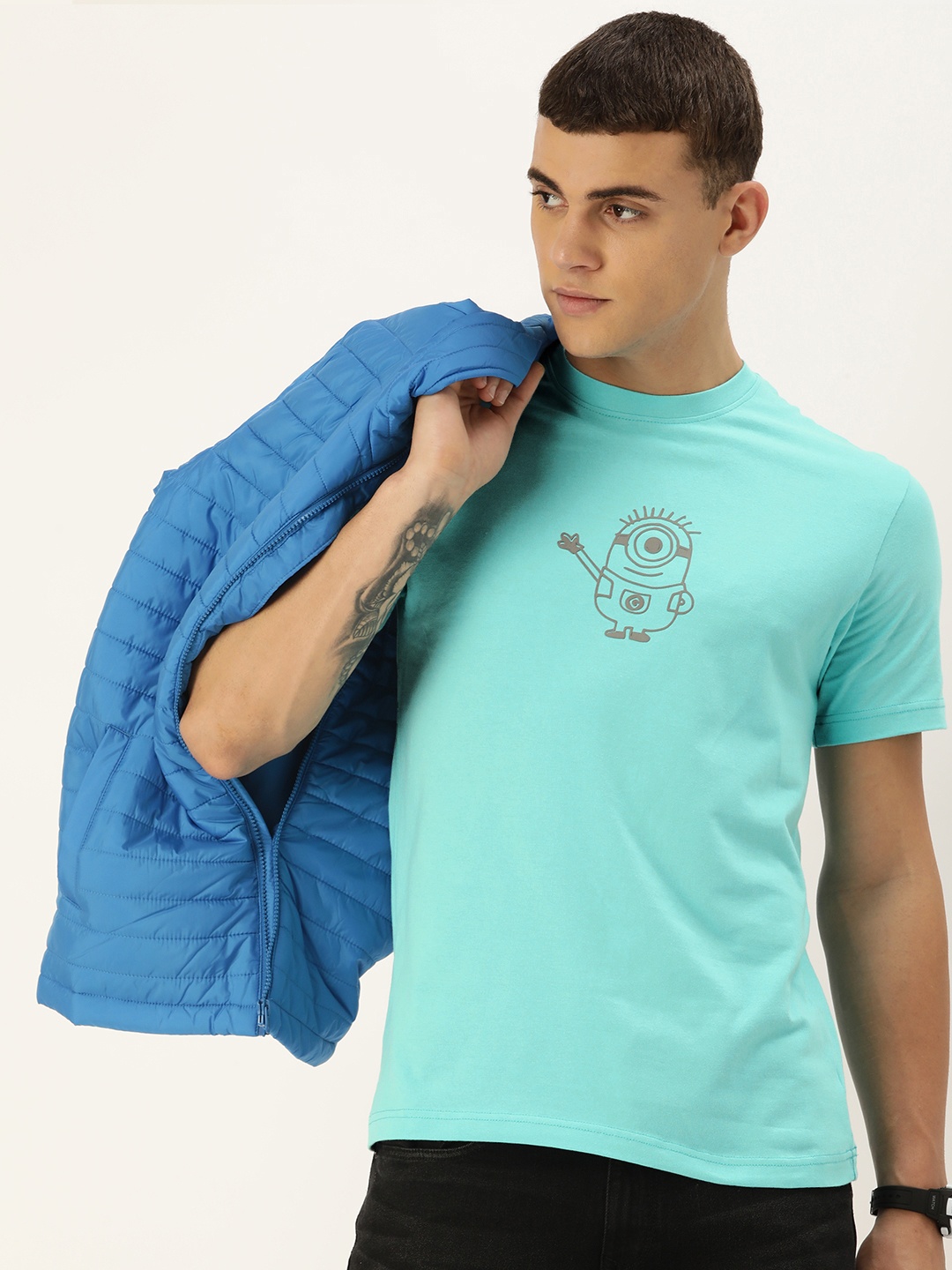 

Kook N Keech Men Minions Printed Pure Cotton T-shirt, Turquoise blue