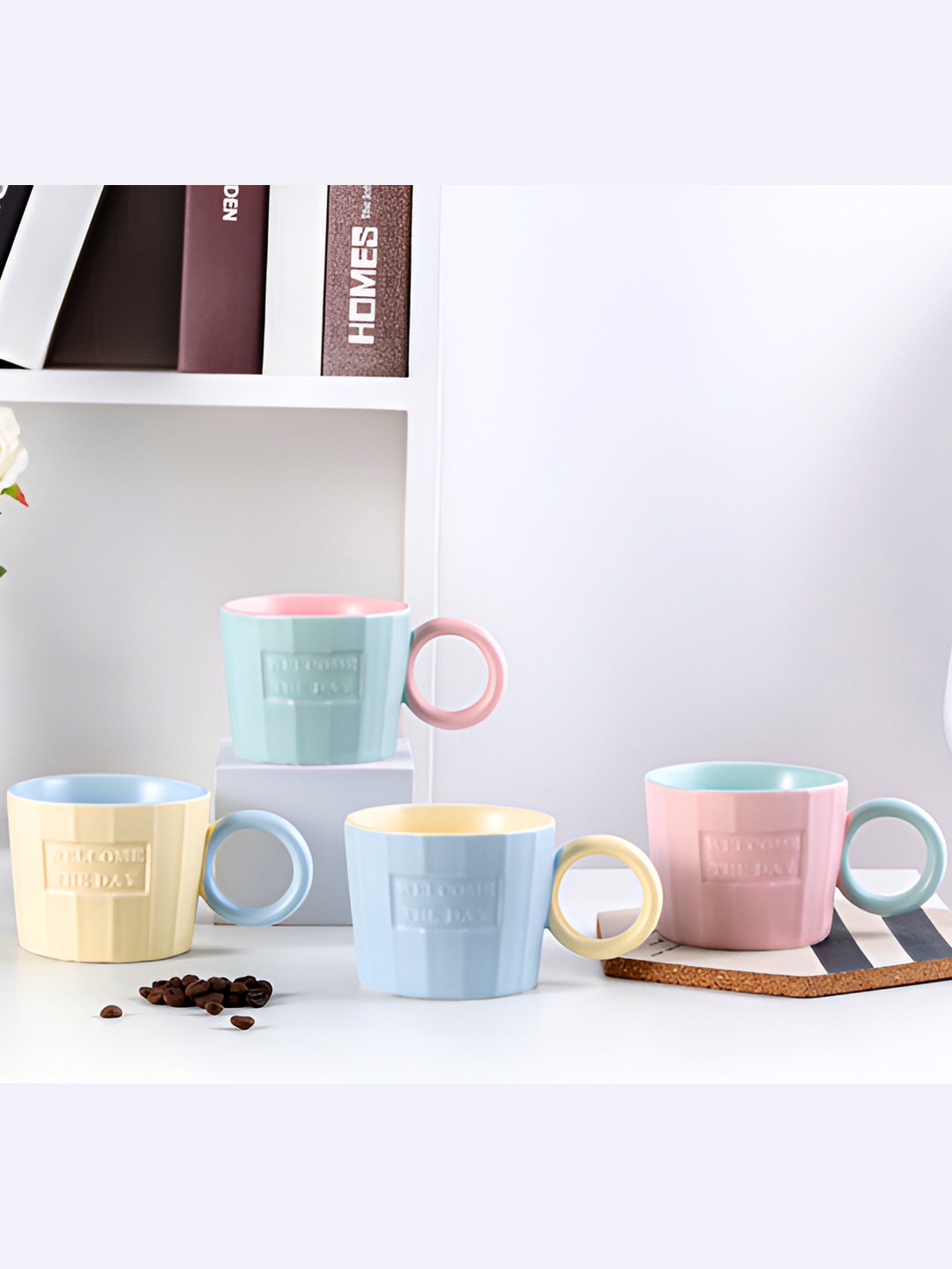 

BonZeaL Pack of 4 Solid Ceramic Matte Coffee Mugs - 300ml Each, Blue