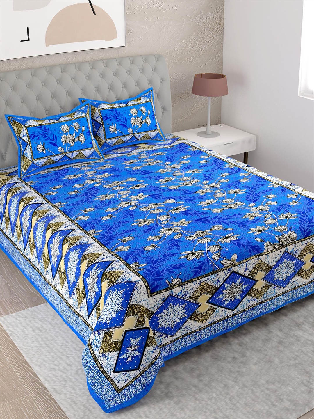 

Lali Prints Blue & White Ethnic Motifs Cotton 144 TC Single Bedsheet with 2 Pillow Covers