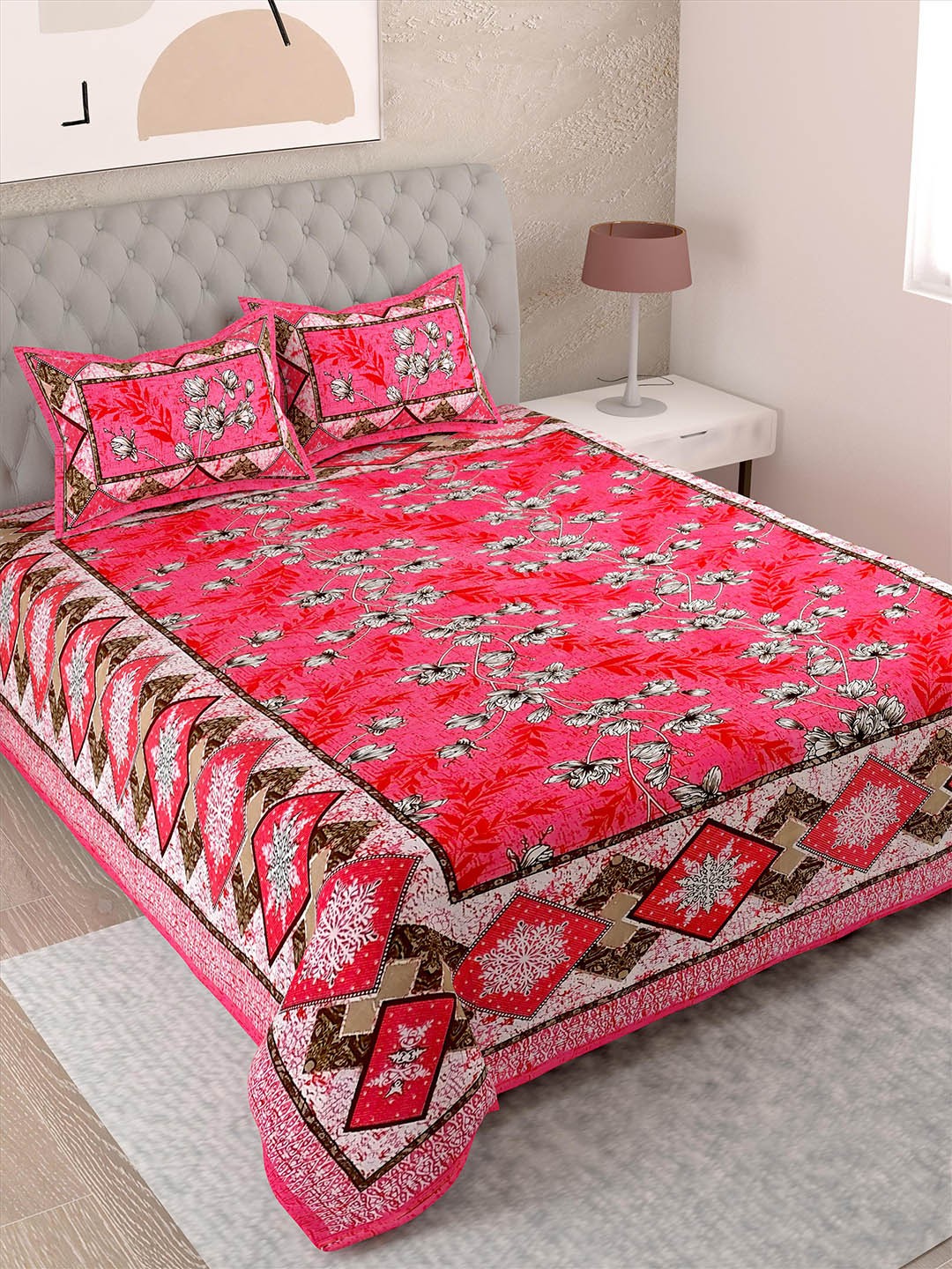 

Lali Prints Pink & White Floral Cotton 144 TC Single Bedsheet With 2 Pillow Covers