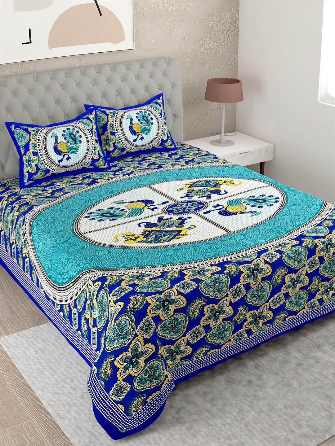 

Lali Prints Blue & Green Ethnic Motifs Cotton 144 TC Single Bedsheet with 2 Pillow Covers