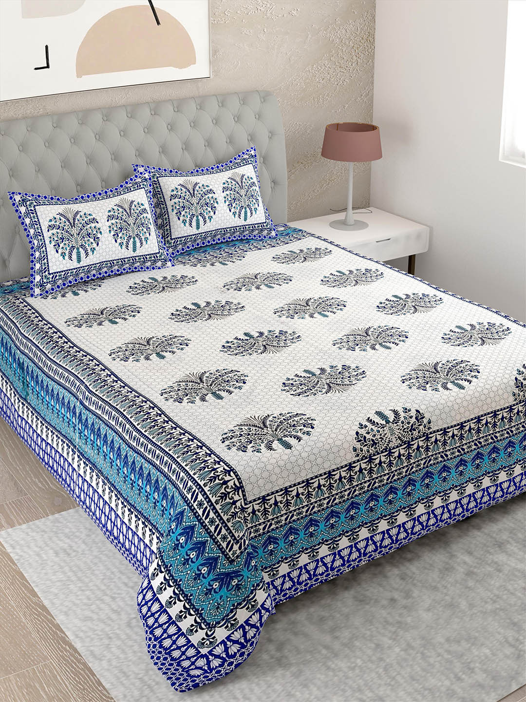 

Lali Prints White & Blue Floral Cotton 144 TC Single Bedsheet With 2 Pillow Covers