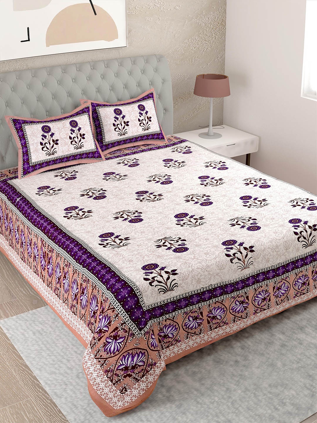 

Lali Prints White & Purple Floral Cotton 144 TC Single Bedsheet with 2 Pillow Covers