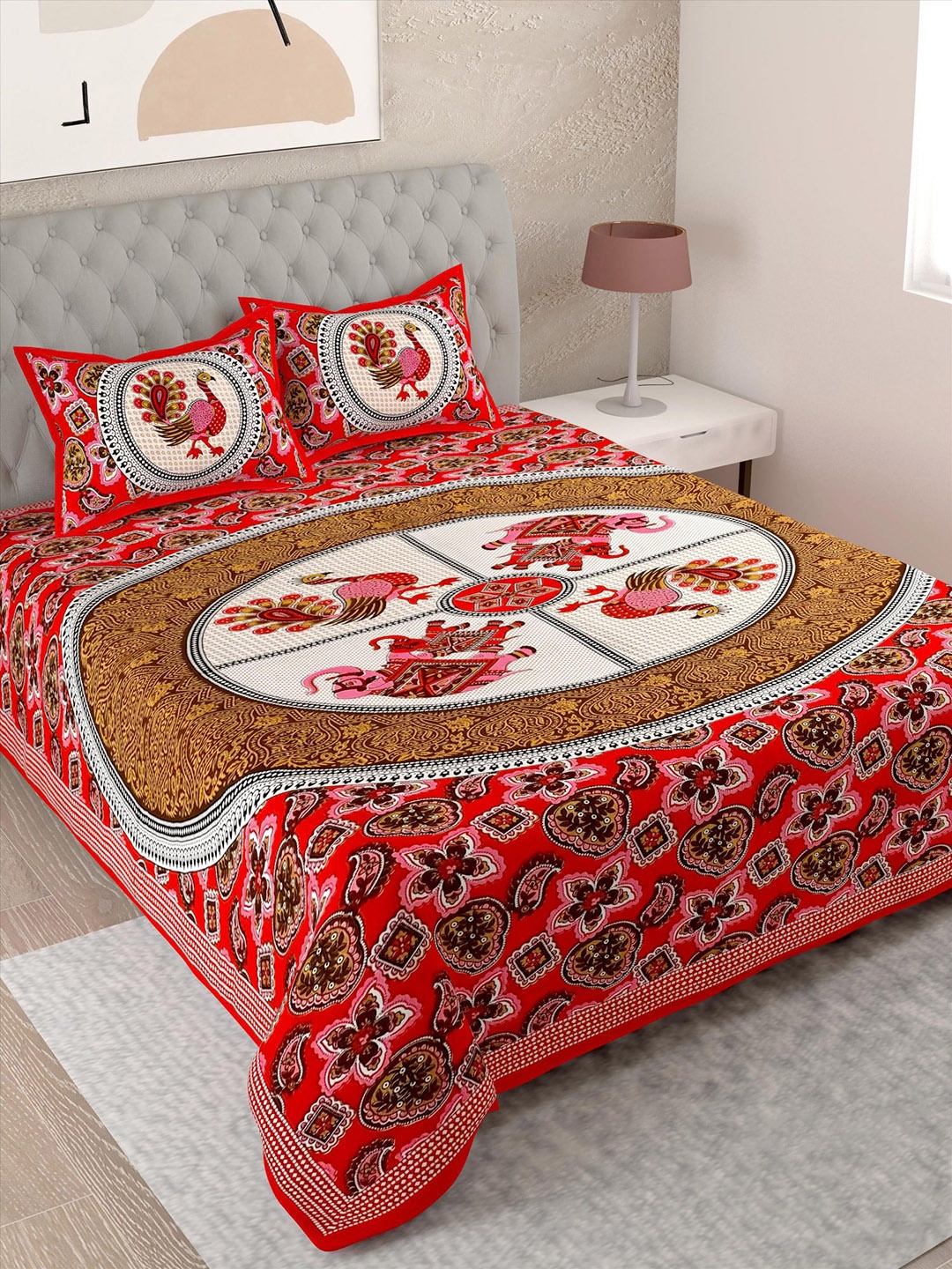 

Lali Prints Red & White Ethnic Motifs Cotton 144 TC Single Bedsheet with 2 Pillow Covers