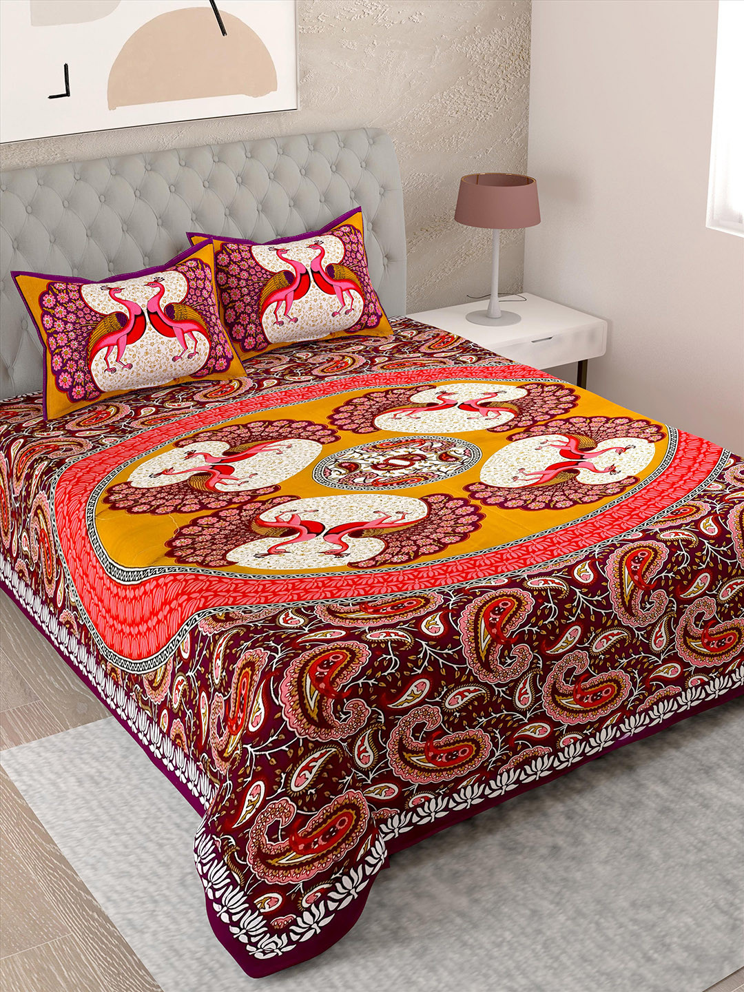 

Lali Prints Orange & Purple Ethnic Motifs Cotton 144 TC Single Bedsheet & 2 Pillow Covers