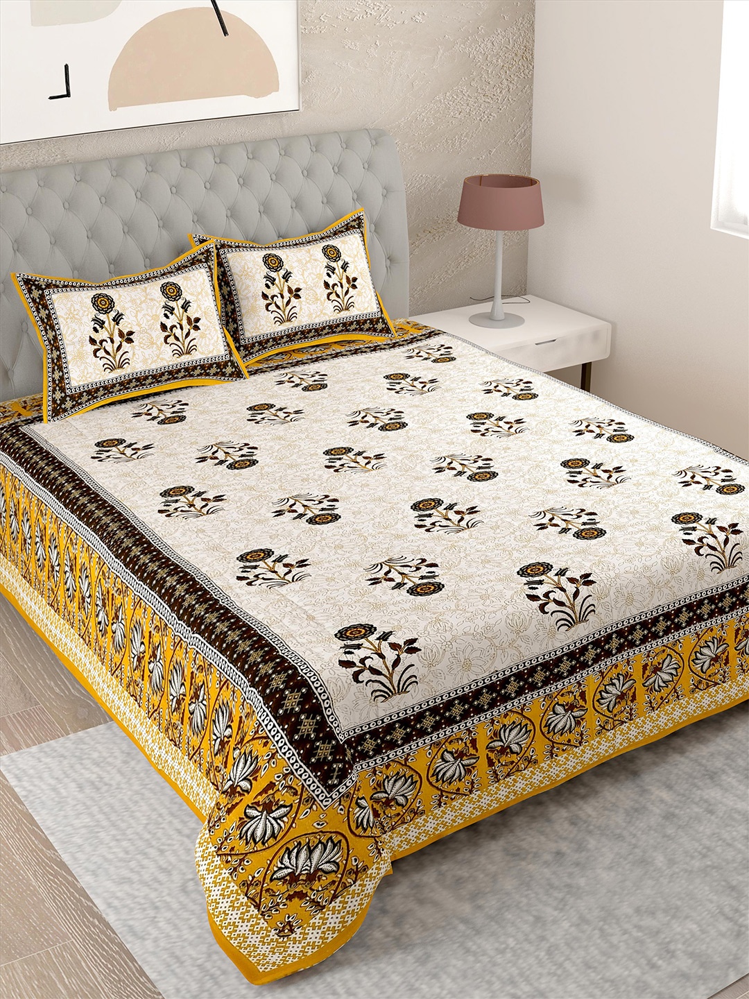 

Lali Prints White & Yellow Ethnic Motifs Cotton 144 TC Single Bedsheet & 2 Pillow Covers