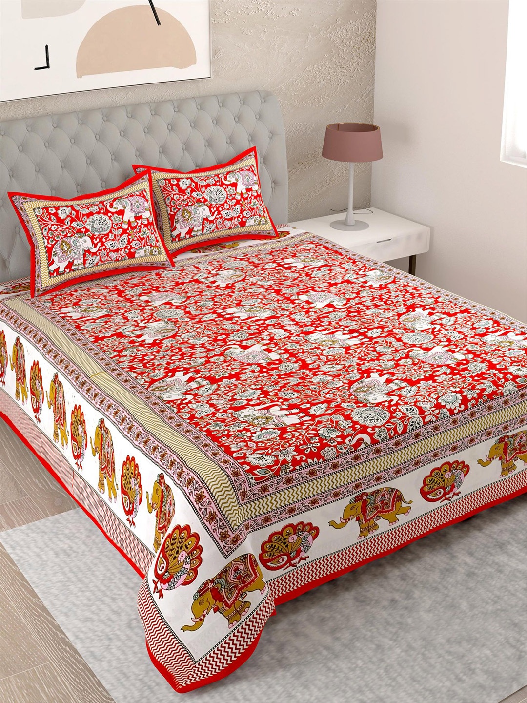 

Lali Prints Red & White Ethnic Motifs Cotton 144 TC Single Bedsheet with 2 Pillow Covers