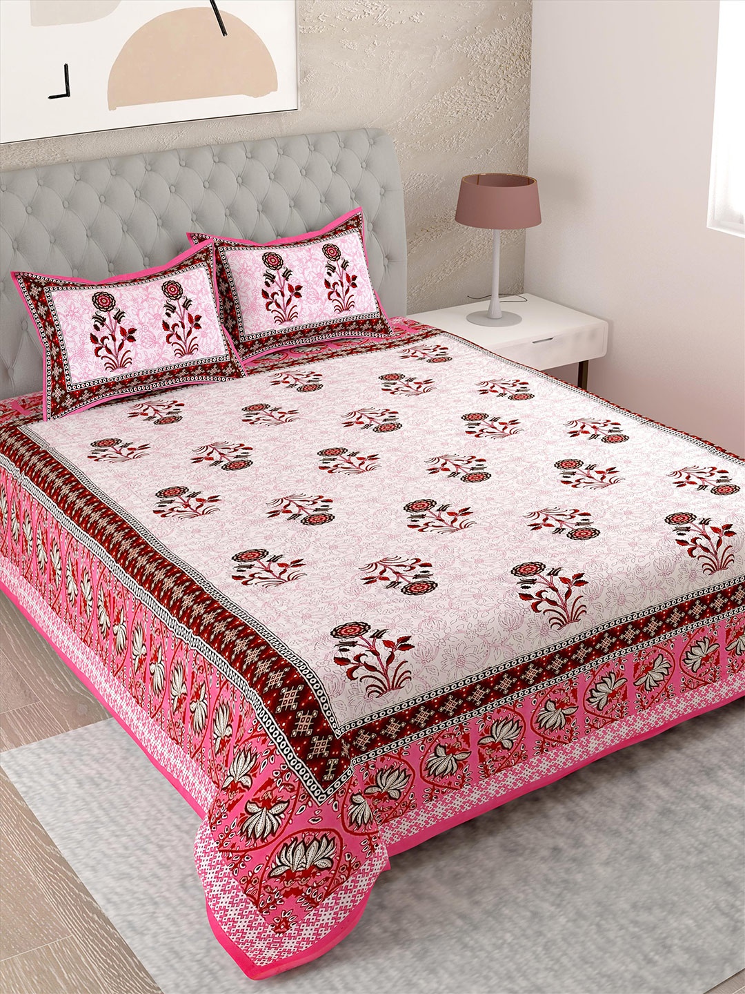

Lali Prints Pink & White Floral Cotton 144 TC Single Bedsheet With 2 Pillow Covers