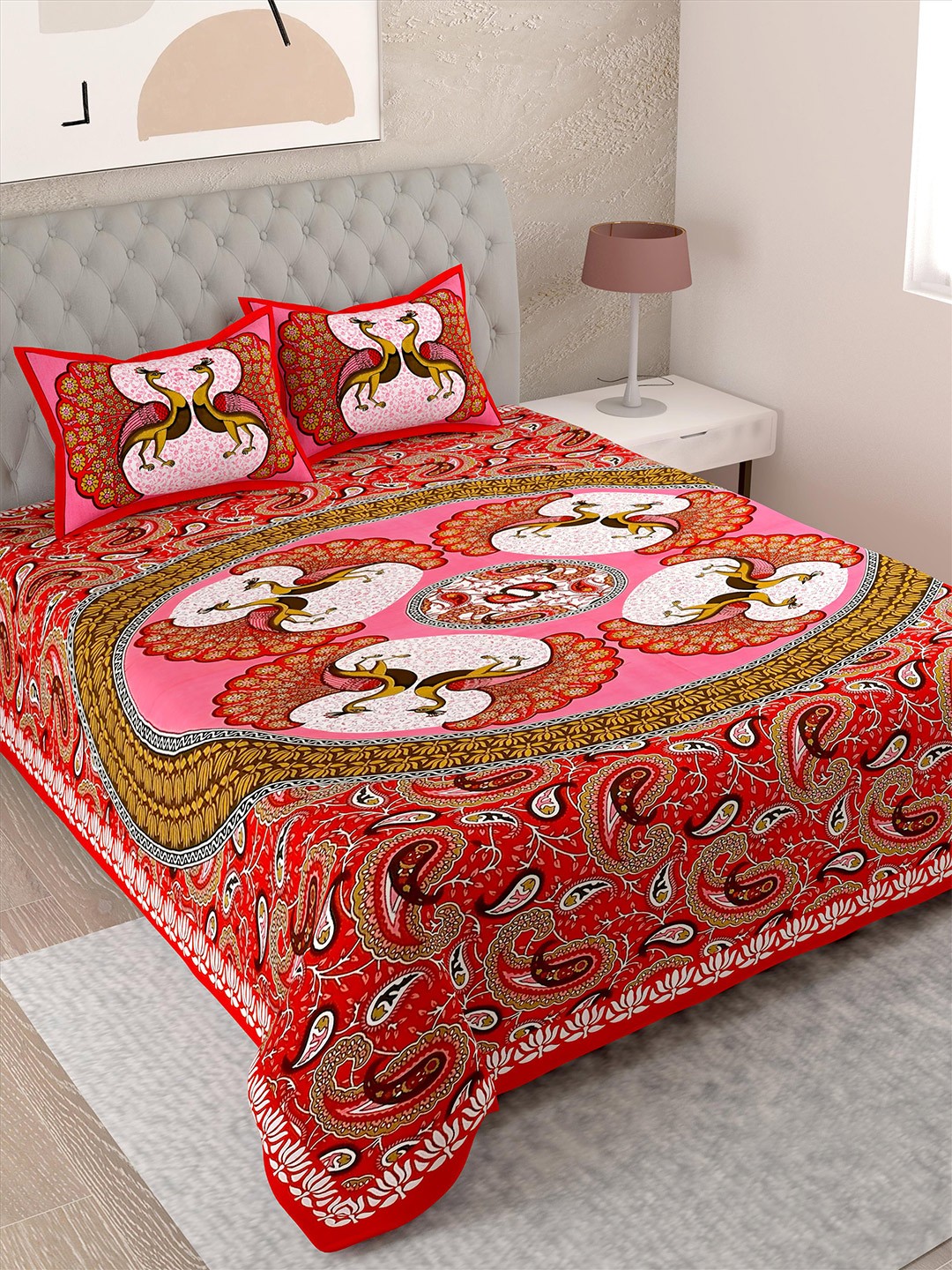 

Lali Prints Red & White Ethnic Motifs Cotton 144 TC Single Bedsheet With 2 Pillow Covers