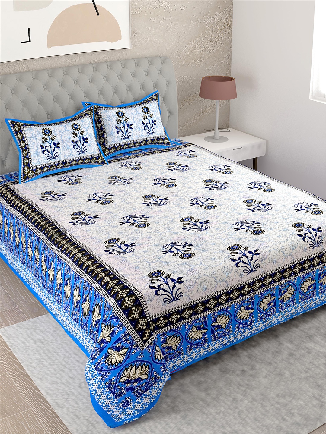 

Lali Prints Blue & White Floral Cotton 144 TC Single Bedsheet With 2 Pillow Covers