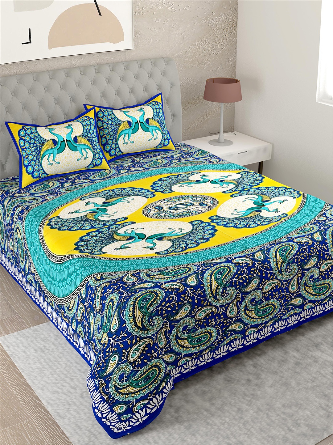 

Lali Prints Blue & White Ethnic Motifs 144 TC Cotton Single Bedsheet with 2 Pillow Covers