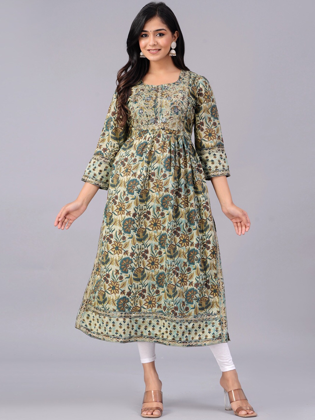 

PREKSHA Floral Printed Thread Work Detailed Pure Cotton A-Line Kurta, Green
