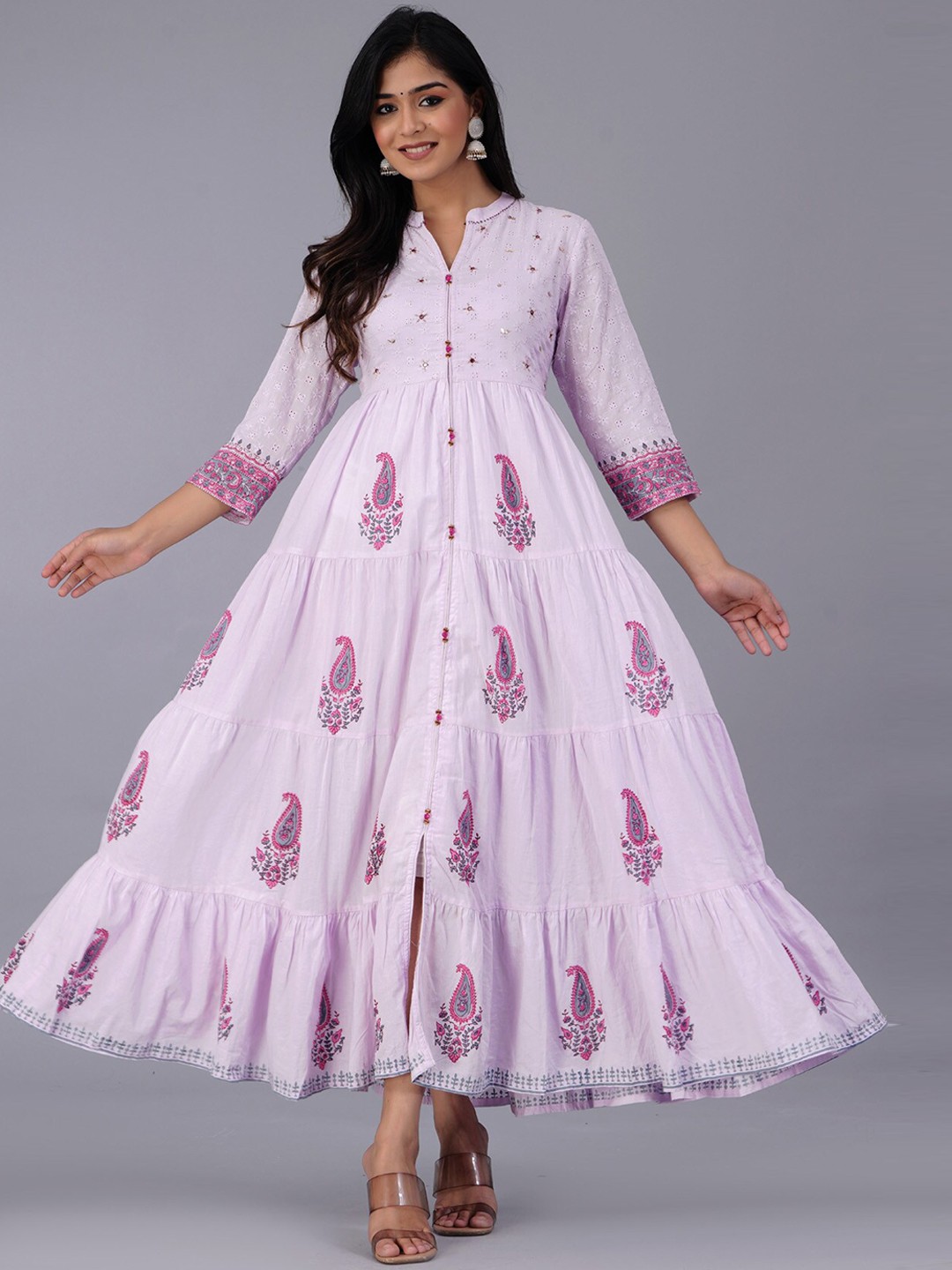 

PREKSHA Ethnic Motifs Printed Mandarin Collar Pure Cotton Kurta, Lavender