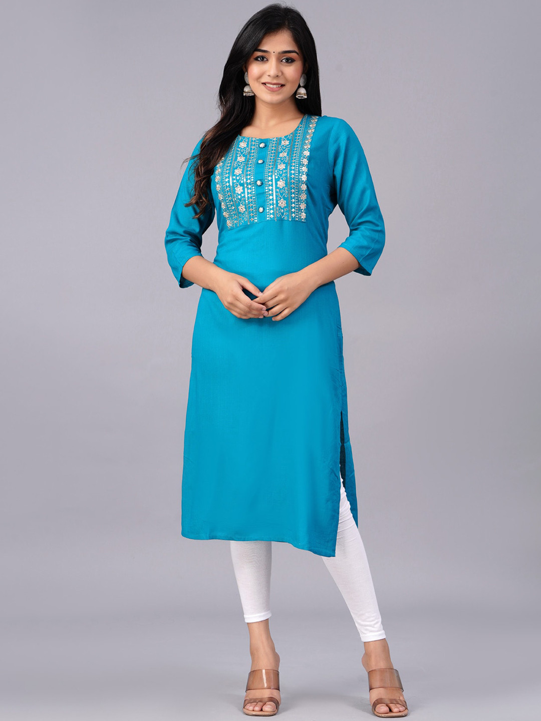 

PREKSHA Thread Work Detail Straight Kurta, Turquoise blue