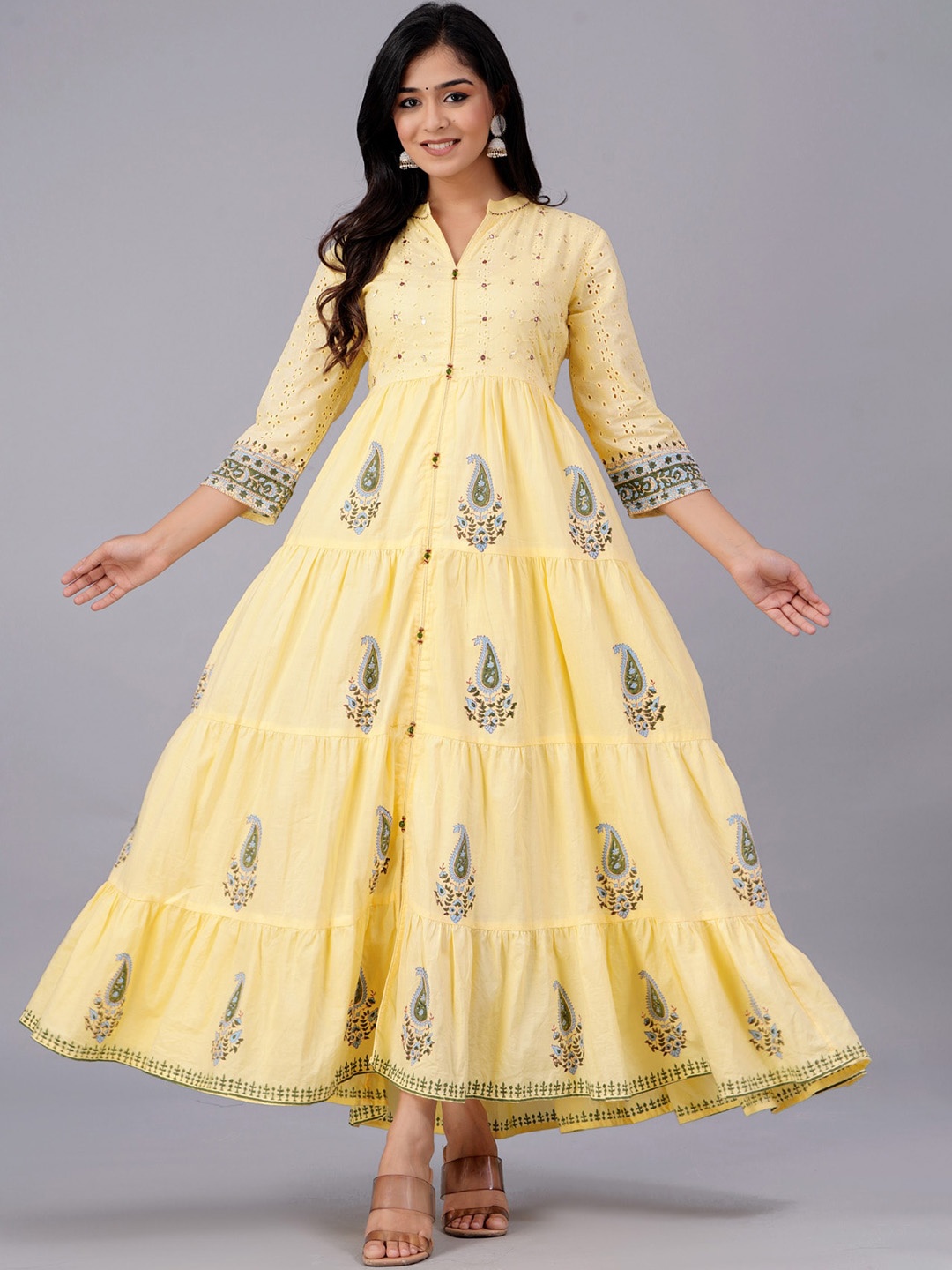 

PREKSHA Paisley Motifs Printed Mirror Work Detail Tiered Anarkali Kurta, Yellow