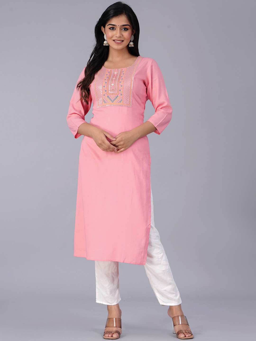 

PREKSHA Yoke Design Round Neck Sequinned Kurta, Pink