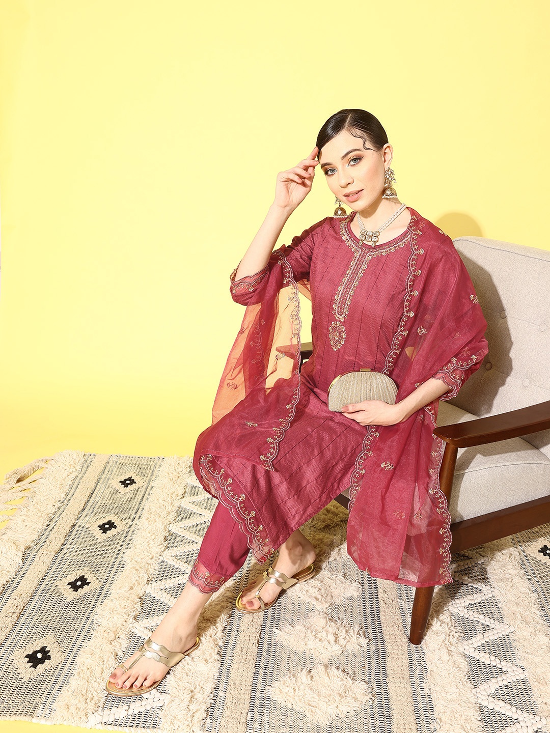 

SheWill Women Ethnic Motifs Embroidered Sequinned Kurta with Trousers & With Dupatta, Peach