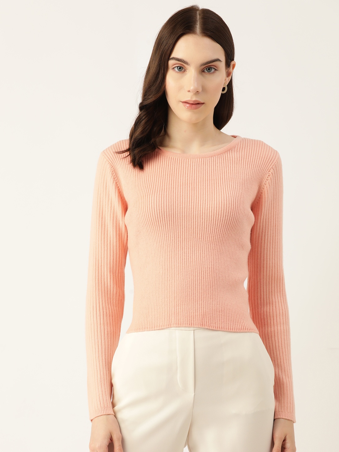 

Madame Ribbed Round Neck Pullover, Peach
