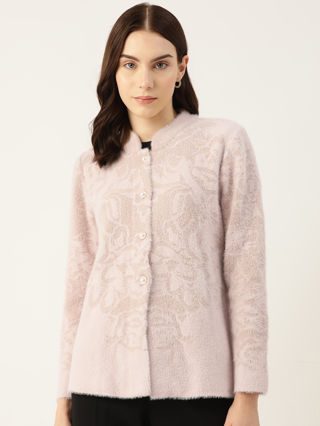 

Madame Floral Design Fuzzy Detail Cardigan, Pink