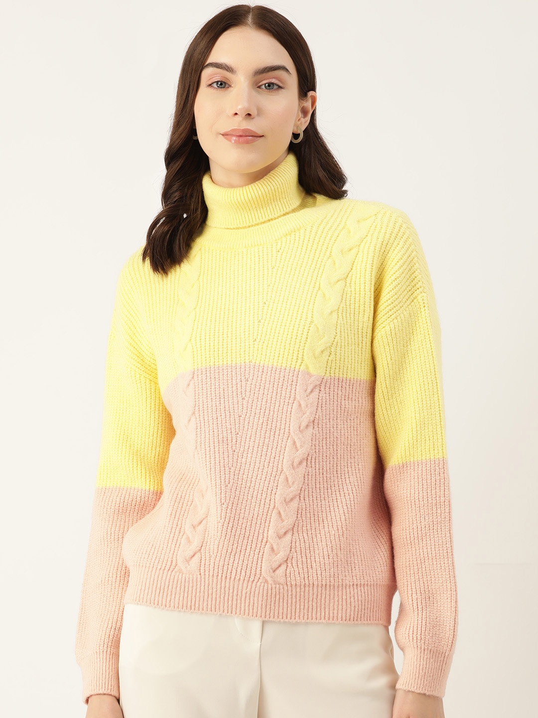 

Madame Colourblocked Cable Knit Turtle Neck Pullover, Yellow