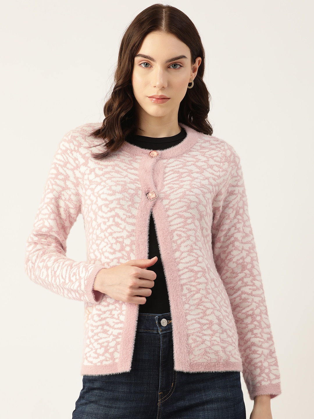 

Madame Women Self Design Cardigan, Peach