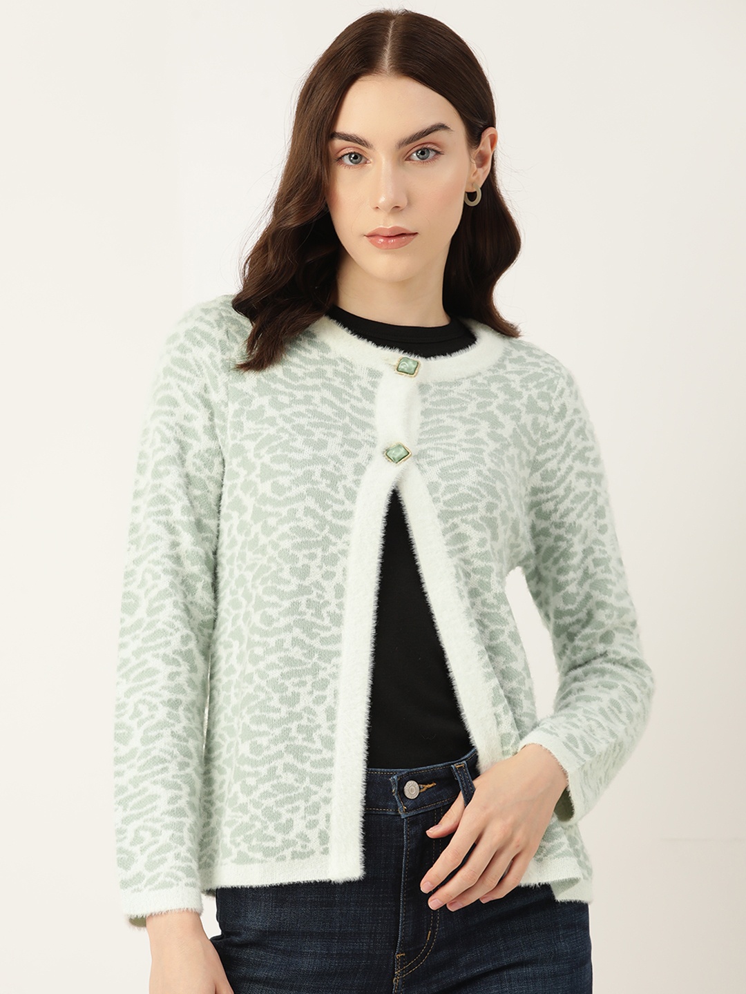 

Madame Women Self Design Cardigan, Green