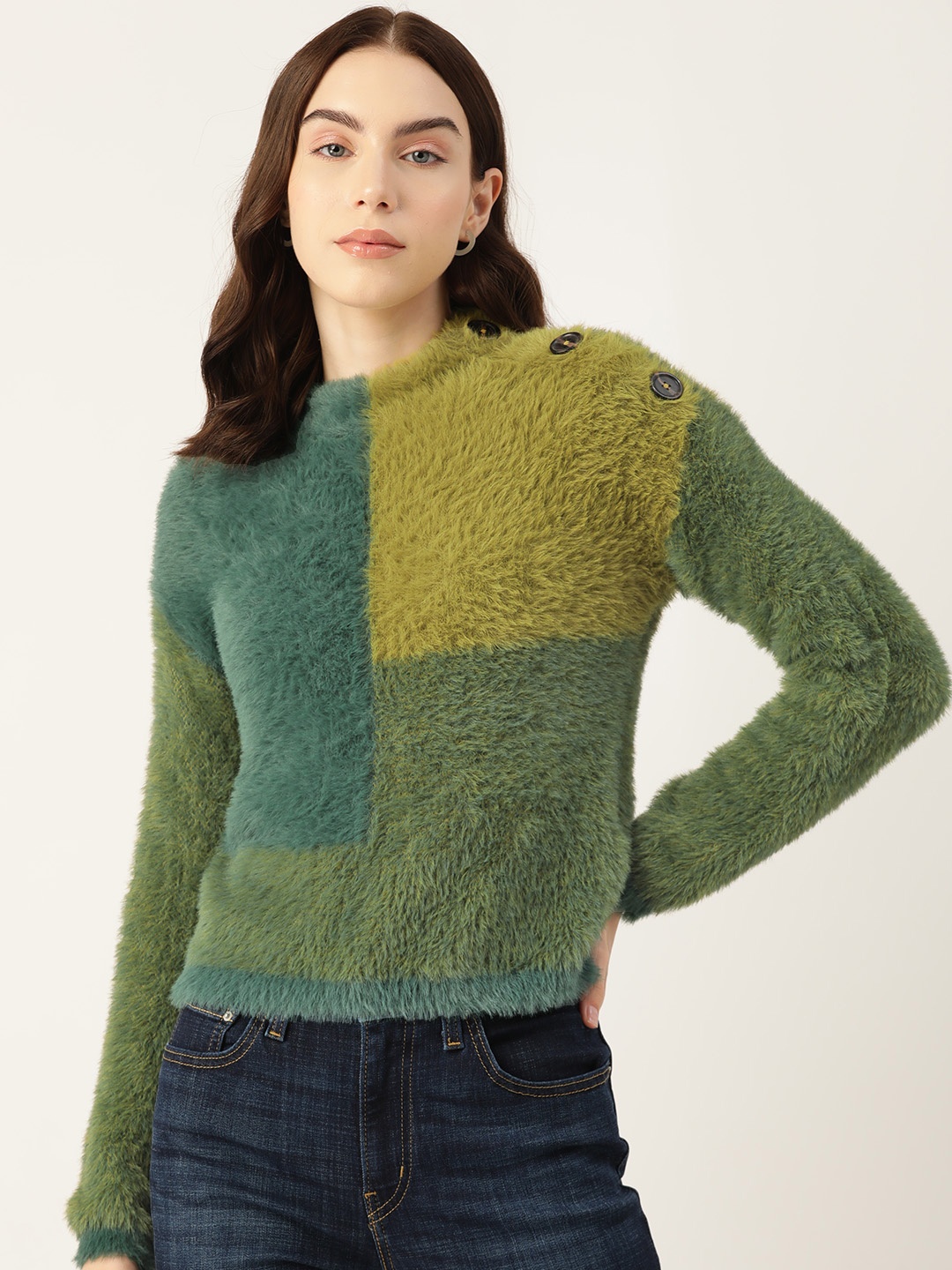 

Madame Women Button Detail Fuzzy Colourblocked Pullover, Olive