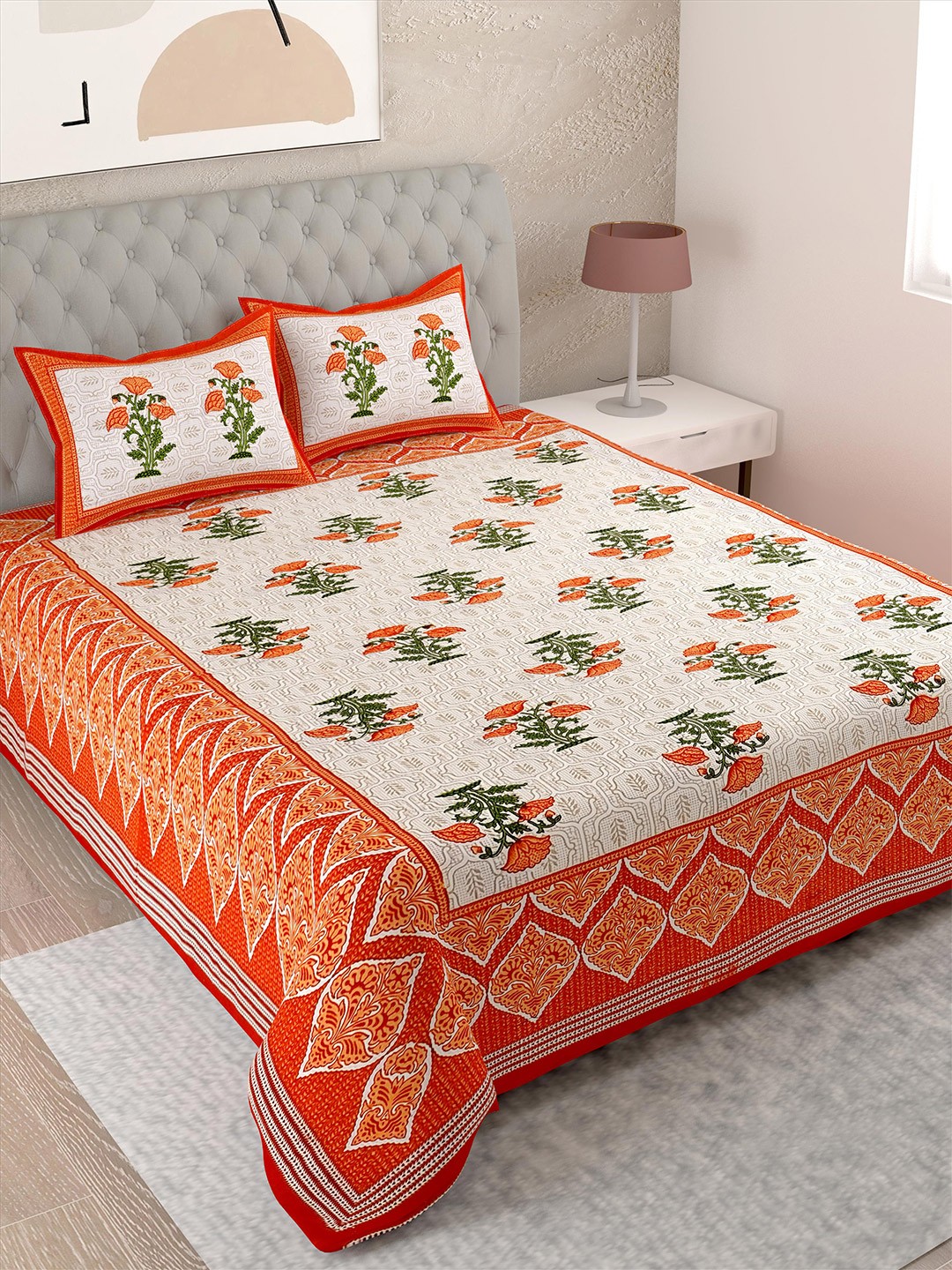 

Lali Prints White & Orange Floral Cotton 144 TC Single Bedsheet With 2 Pillow Covers