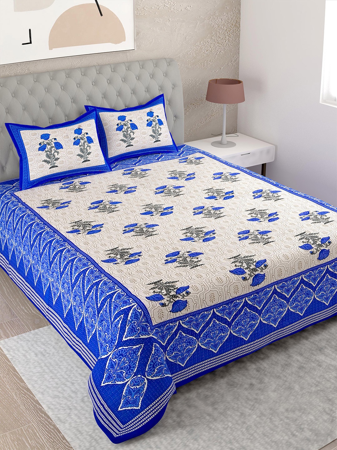 

Lali Prints White & Blue Floral Cotton 144 TC Single Bedsheet With 2 Pillow Covers