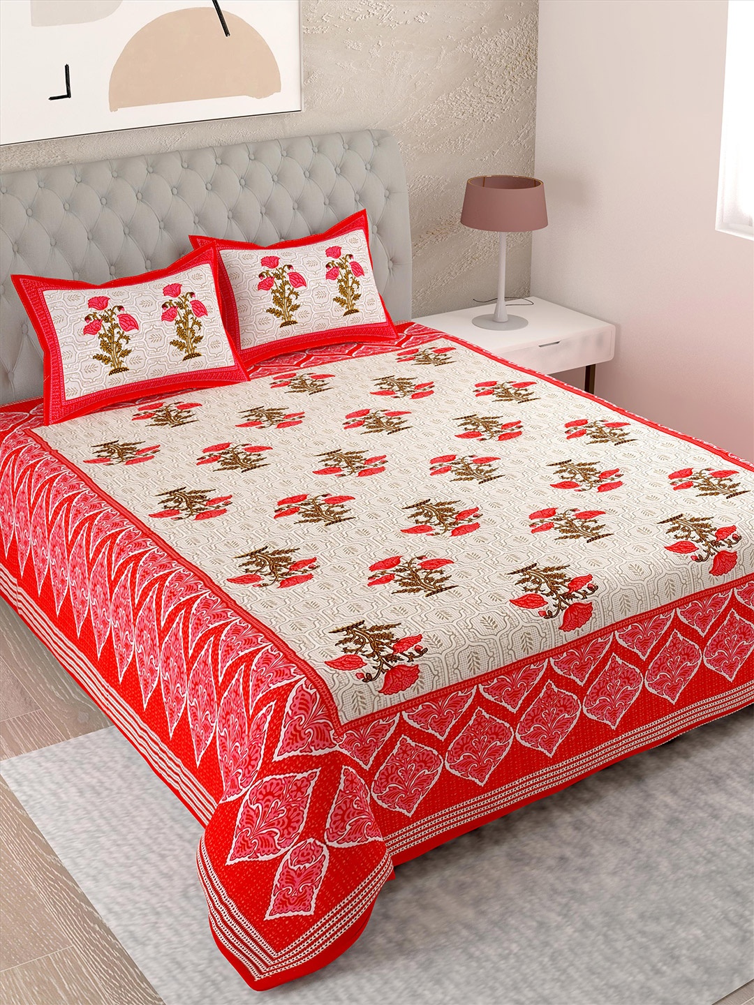 

Lali Prints White & Red Floral Cotton 144 TC Single Bedsheet With 2 Pillow Covers