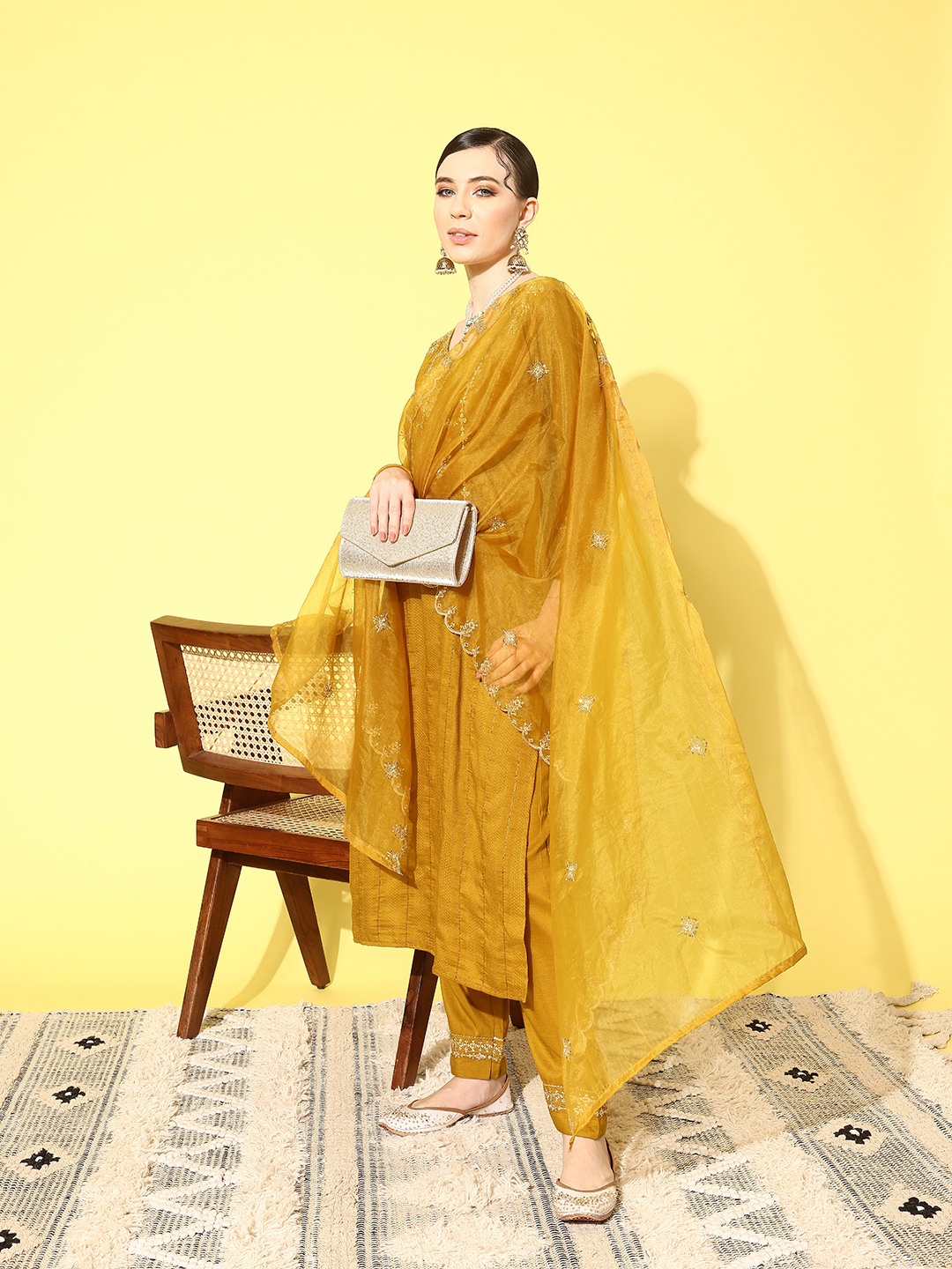 

SheWill Women Floral Embroidered Regular Sequinned Kurta with Trousers & With Dupatta, Mustard