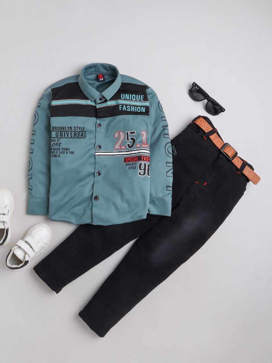 

FOURFOLDS Boys Typography Printed Shirt With Trousers, Teal