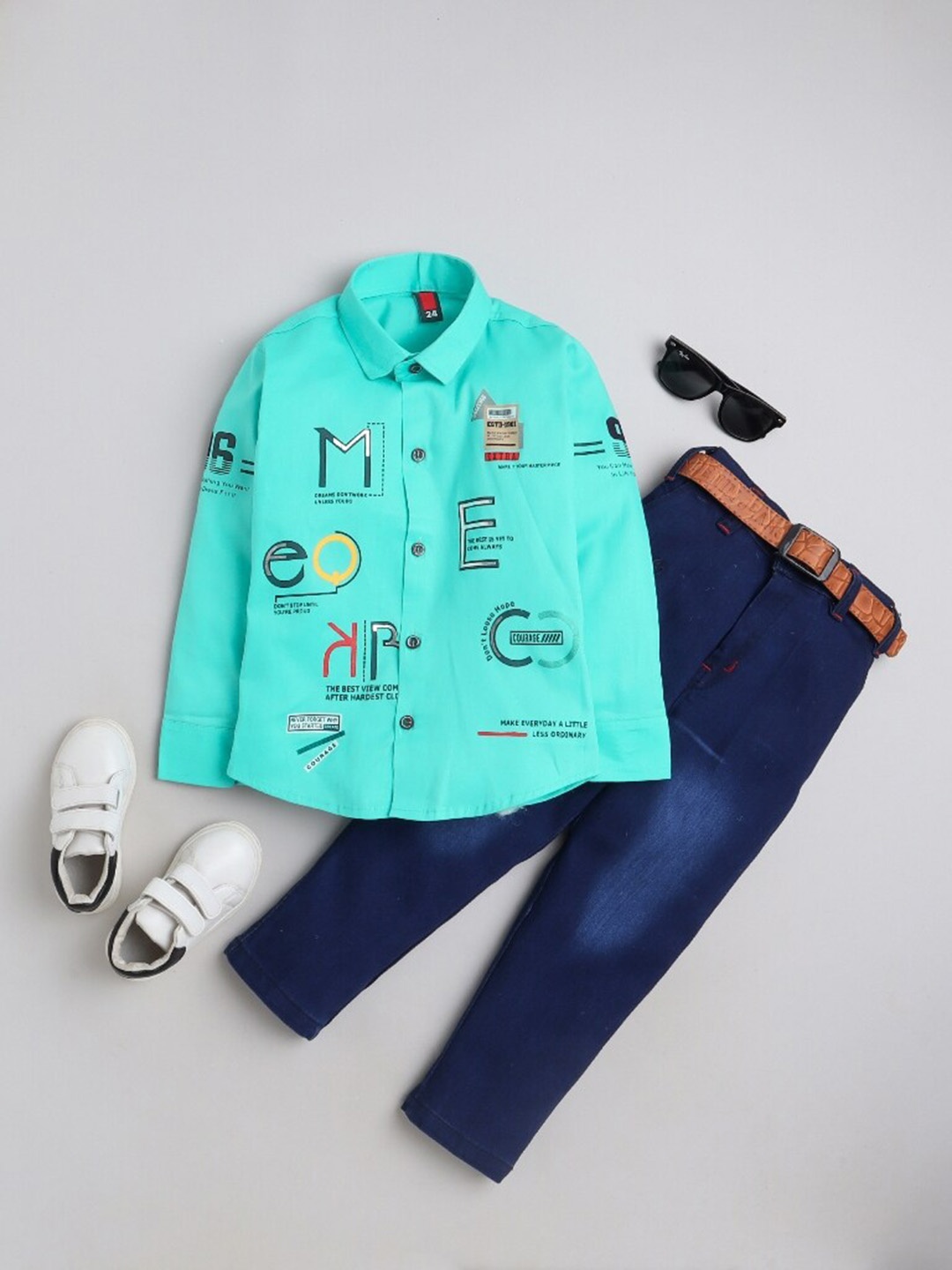 

FOURFOLDS Boys Typography Printed Shirt With Trousers, Sea green
