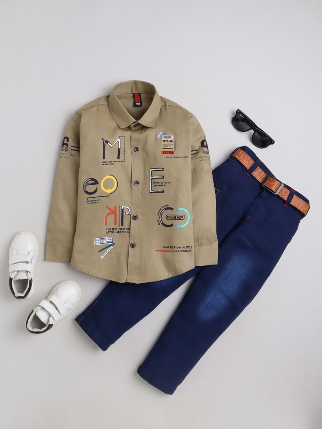 

FOURFOLDS Boys Typography Printed Shirt With Trousers, Beige