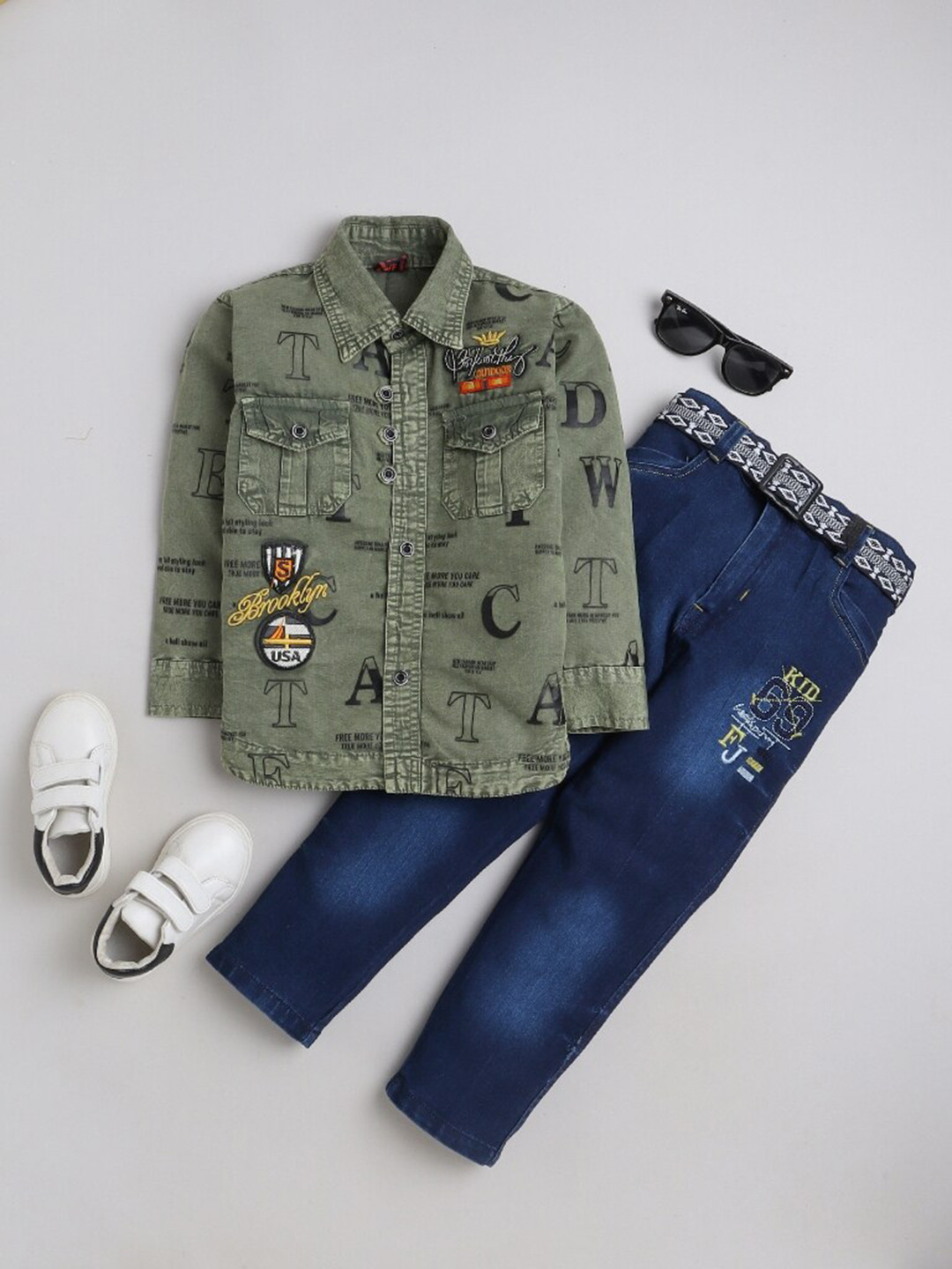 

FOURFOLDS Boys Typography Printed Shirt With Trousers, Green